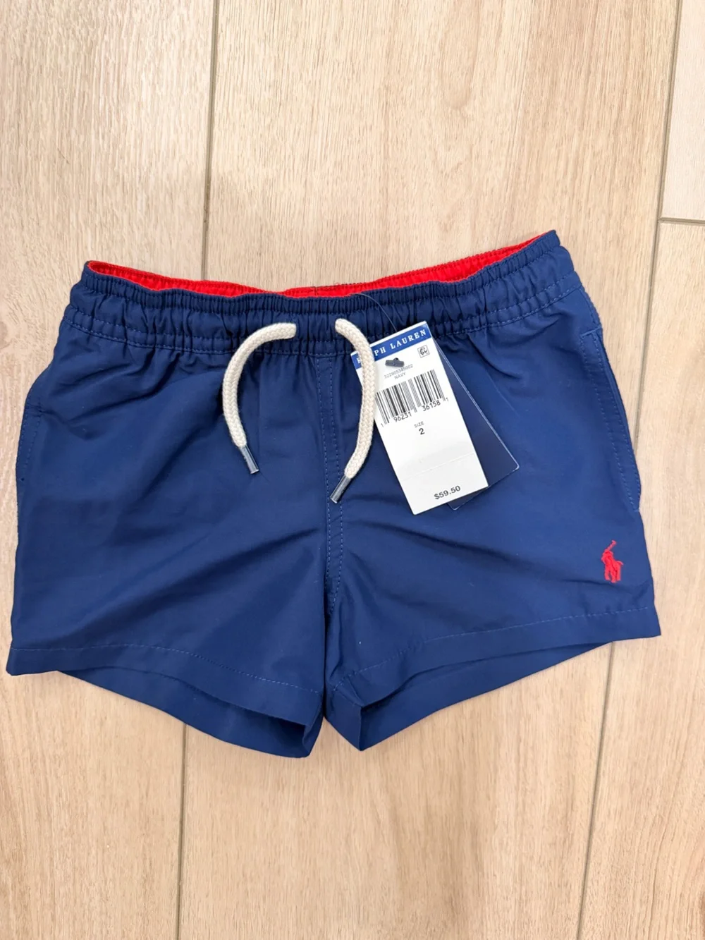 Polo by Ralph Lauren Navy Swim Trunks with Red Trim and White Drawstring